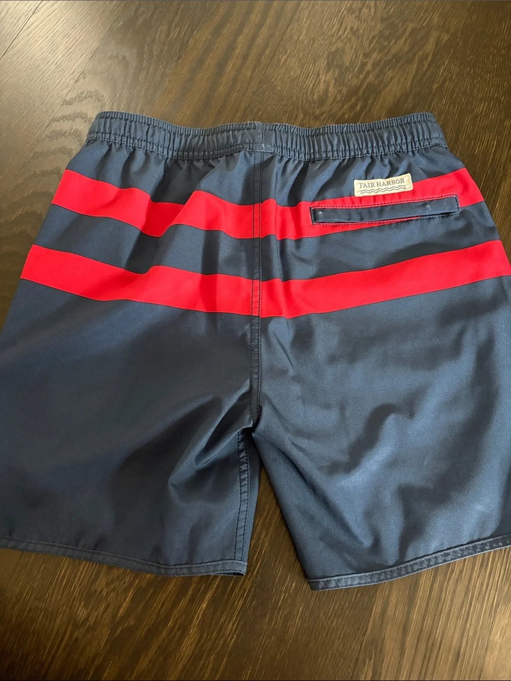 Fair Harbor Navy and Red Striped Kids Swim Trunks